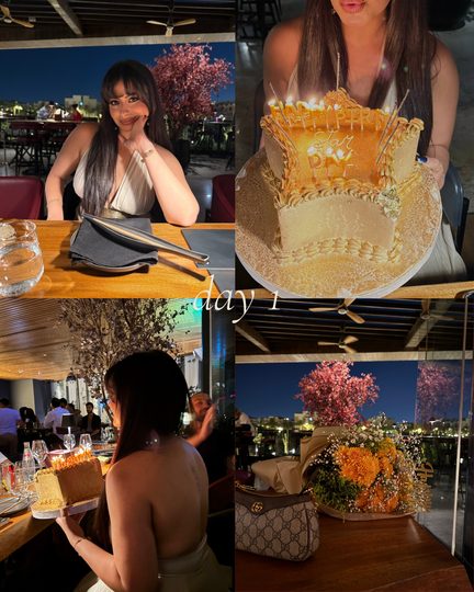 Day 1 collage: rooftop dinner in a pleated champagne gown, gold cake and flowers