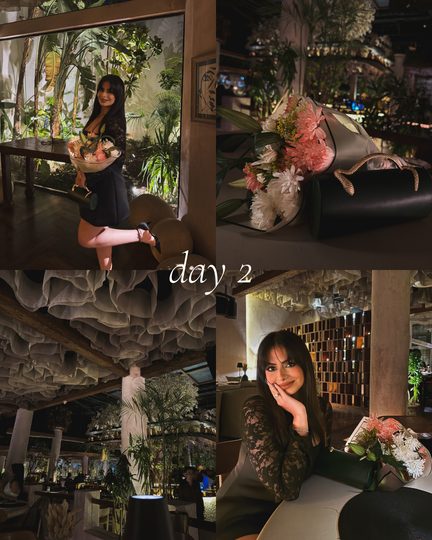 Day 2 collage: black lace dress with a bouquet in a leafy restaurant